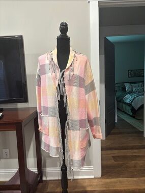 Ruby Rd. Pastel Plaid Fringe Open Cardigan